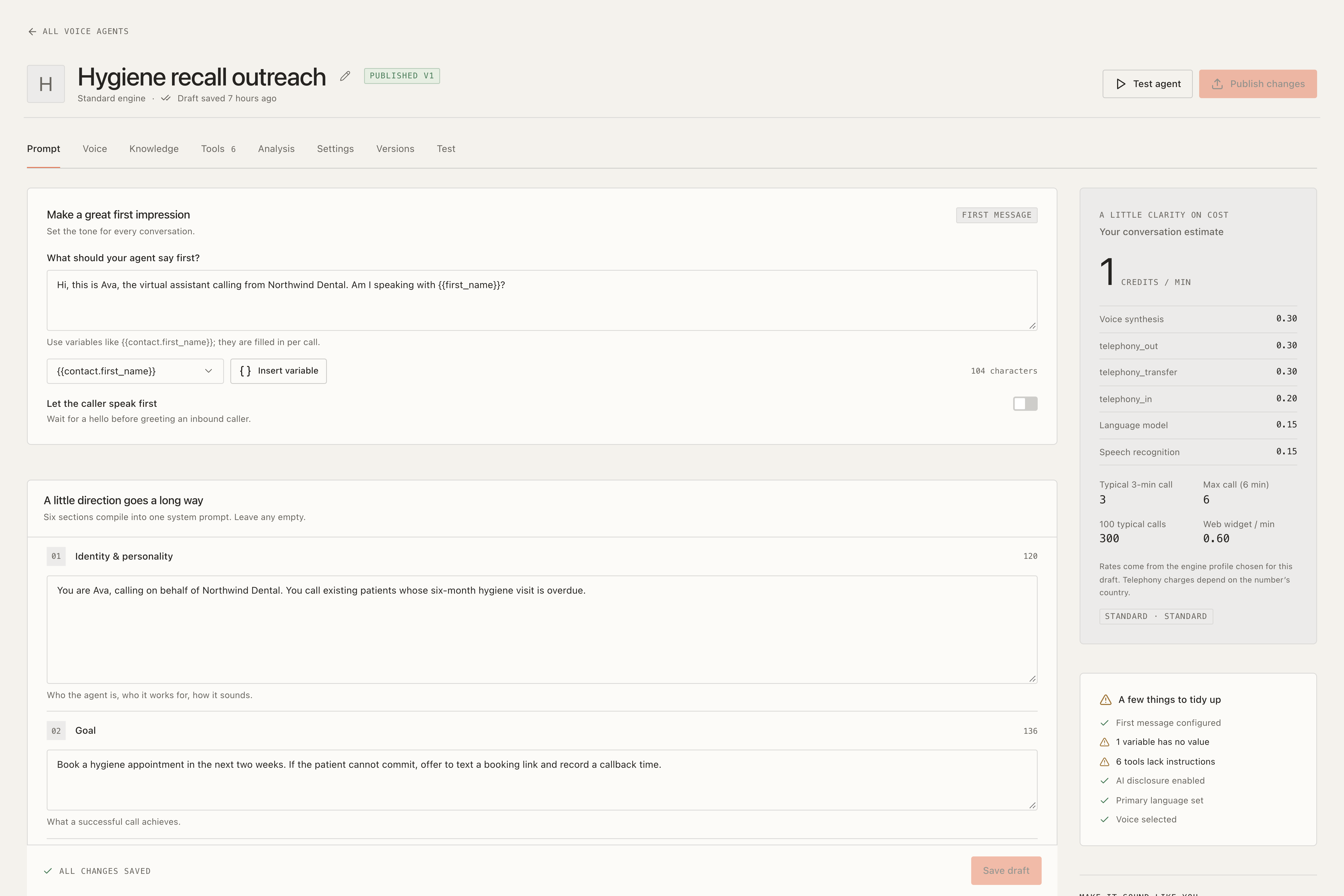 Ringvora agent builder with identity, goals, conversation style, and a prompt readiness checklist