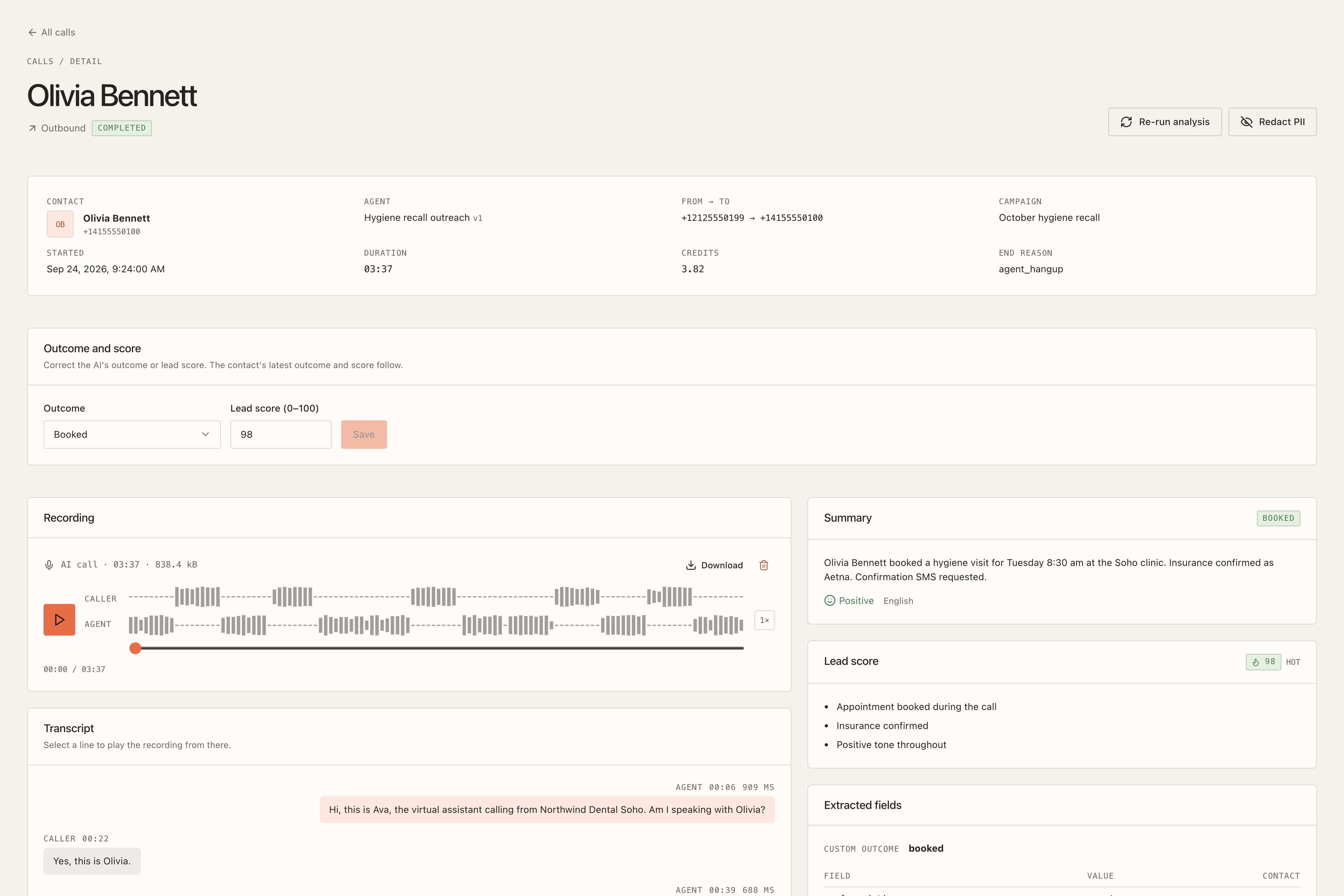 Ringvora call detail showing a recording waveform, transcript, booking outcome, lead score, and extracted fields